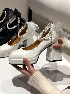 [with box] Mary Jane Shoes Women New Style Waterproof Platform Bow Thick Single High Heels