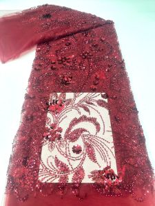 Wholesale 2026 Elegant African Tulle Embroidery Beaded Lace Fabric Nigerian Sequins Wedding Party Dress 5yards