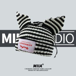 Cat Ears Wool Hat Womens Autumn and Winter Stripes Thickened Warm Knitted Ear Protector Hat Pig Ears Cartoon Cute Pullover Hat
