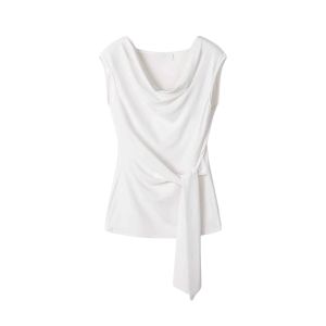 YUEZHONGWEI | Áo thun tay ngắn màu trắng kiểu Pháp cho nữ mùa hè không đều eo buộc dây cao cấp cổ chữ V tay ngắn chất liệu lụa lạnh