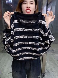 2025 Autumn Fashion round Neck Long Sleeve Knitted Sweater Womens Retro Patchwork Color Block Cotton Thread Large Size Knitwear