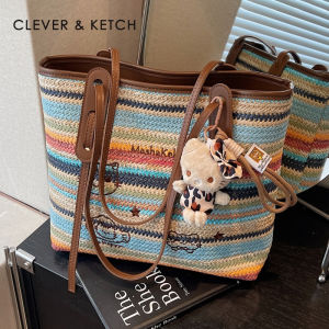 Large Capacity Clever&Ketch Rainbow Woven Bag Womens 2025 New Style Straw Woven Shoulder Tote Bag Versatile Casual Handbag