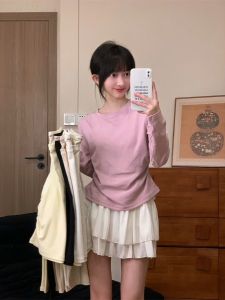 Áo Thun Nữ Tay Dài Cổ Tròn Màu Trơn Dáng Ôm Vừa Vặn Mùa Thu Ngắn Mặc Trong Nhà Chất Liệu Cotton Pha Lanh