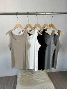 Slim Fit Ribbed Cotton Tank Top with Wide Shoulder Straps Basic Color Block Simple Design High Elasticity for Women Summer 2024