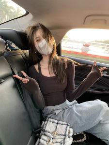 Shoulder Bared Long Sleeve Waist Cinched Womens Base Shirt Spring Autumn Pure Desire Style Short T-Shirt Inner Wear Top