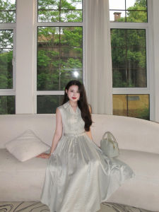 Blue Satin Draped Skirt Dress with Tuck Design And Suit Collar High Waist A-Line Summer Dress for Women Vintage Style