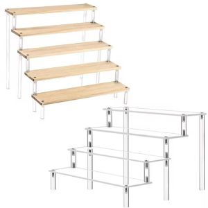 1-5 Tier Acrylic and Solid Wood Panel with Clear Acrylic Column Display Stand for Perfume Cosmetic Car Modle Toy Storage Rack