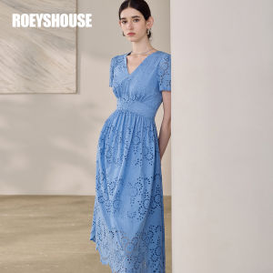 Roey s house | French V-Neck Waist-Cinched Blue Commuter Cotton Flowered Flared Dress