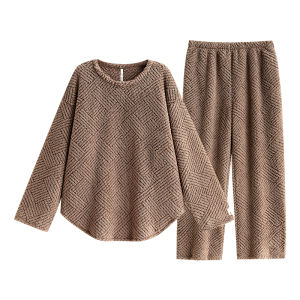 yuenei | YueNei Mens Thickened Coral Fleece Pijama Set Autumn Winter Home Clothes Long Sleeve Round Neck Sleepwear For Youth Leisure