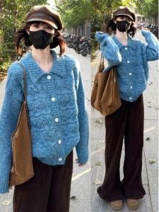 Áo Len Cardigan Dệt Kim Mềm Mại Màu Xanh Cổ Bẻ Phong Cách Hàn Quốc Cổ Điển Dành Cho Nữ Mùa Xuân Mới Rộng Rãi Cao Cấp