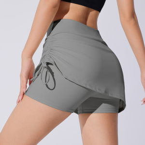 กางเกงกระโปรงกีฬาเอวสูงสำหรับผู้หญิง กางเกงกีฬา วิ่ง แบดมินตัน โยคะ ฟิตเนส ป้องกันการสัมผัส กางเกงกระโปรงสองชิ้น ผ้าไนลอน ยางยืด ระบายอากาศได้ดี