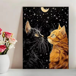 Cute Black Orange Cat with Stars Artwork Jigsaw Puzzle 500/1000/1200/2000PCS Stress Relief Puzzle Wall Art Decor Gift