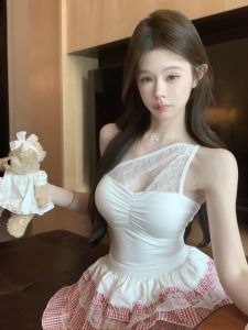 GUZILIAN | Trendy Lace Hollow Out Shoulder Bridesmaid Set Womens Spring Summer Checkered Half Skirt Strap Vest Sweet And Spicy Backless