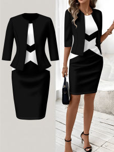 Printed Design Autumn and winter styles casual style Black White Geometric Pattern Print crew neck dress suit