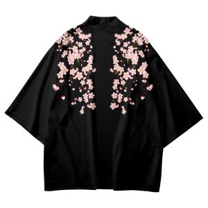 Màu Xanh Hải Quân In Hoa Mận Nhật Bản Haori Kimono Nam Hở Mặt Trước 3/4 Tay Áo Dáng Rộng Yukata Áo Khoác Ngoài Polyester