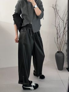 Spring 2025 Lazy Straight Leg Pants Elastic Waist Soft Protein Leather Nine Points Casual Pants High Waist Straight Tube Trousers