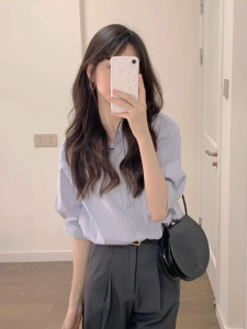 Korean Striped Cropped Blouse Long Sleeve Loose Thin Casual Outerwear