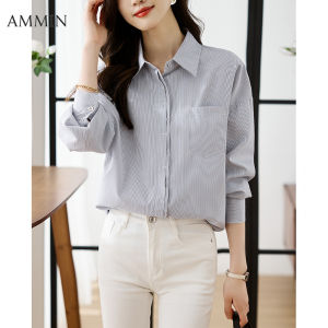 Ammin 2024 Dài Tay Ve Áo nữ mới thời trang phong cách Hàn Quốc Áo voan sọc khí chất retro thanh lịch lỏng lẻo với áo in sọc tay phồng