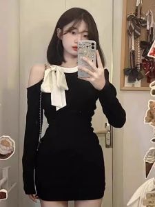 Black Temperament Long Sleeve Classic Style Dress Womens Autumn New Design Sense Bows Cold-Shoulder Bodycon Bodycon Dress