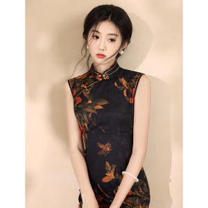 Elegant Black Floral Print Sleeveless Cheongsam Vintage Style Daily Wear Fashion Show Performance Slimming Traditional Chinese Dress