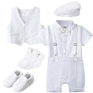 A&J DESIGN Baptism Outfits Baby Boy Christening Boss Romper Infant Gentleman Wedding Suit Newborn Birthday Binyag Clothes Toddler Short Sleeve 3 Pieces