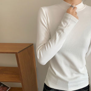 Fashionable Ribbed Double-Sided Velvet Thickened Long Sleeve Fleece Lined Slim Fit Base Shirt Womens Small Stand Collar T-shirt