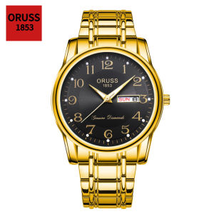 [Gift][With Box]ORUSS Original Men Dual Calendar Stainless Steel Luxury Waterproof Fashion Watch Analog Business Luminous Korean Automatic Quartz Wrist Watch For Men