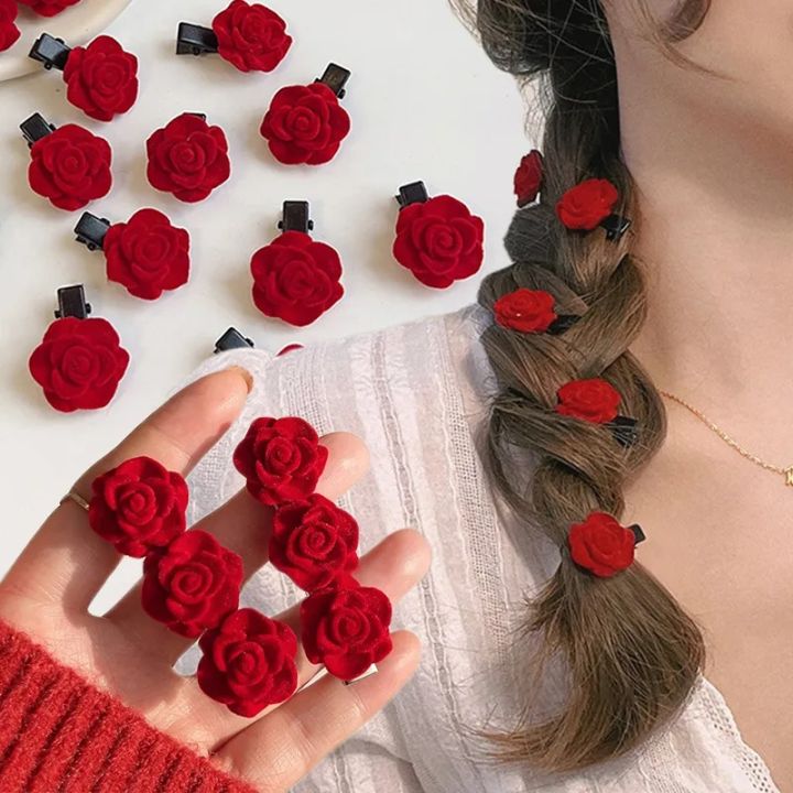 Korean Red Velvet Rose Hair Clips For Women Small Flower Hairpins