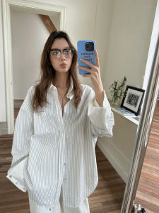 MOERSHOP Retro Hemp Cotton White Stripe Long Sleeve Womens Shirt Patchwork Large Cuff Street Style Loose Fit Summer Top