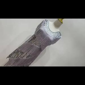Women Latin Dance Tassel Dress Costume Crew Neck Sleeveless Allover Sequin Tiered Fringe Swing 1920s Gatsby Flapper Party Dress