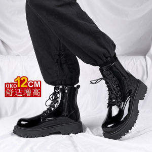 Black Martin Boots 12cm Heightening Mens Genuine Leather Motorcycle Cos Comic Show UK Style Invisible Heightening Work Boot