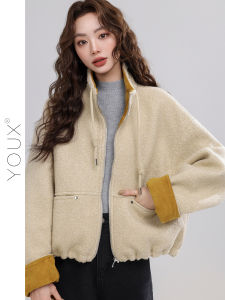 YOUXIANG | Áo Khoác Lông Cừu Hàn Quốc Thiết Kế Rộng Cổ Đối Chiếu