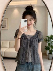 Slimming Large Fit Dotted Short Sleeve Square Neck Blouse