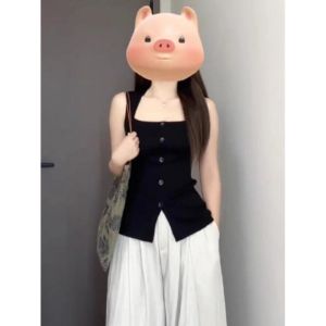 เสื้อกั๊กสีดำคอเหลี่ยมถักแขนกุดสำหรับผู้หญิง ทรงเข้ารูป ดีไซน์ฤดูร้อน เสื้อผ้าทำงาน ทรงปกติ แขนกุด ทรงเข้ารูป