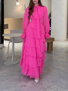 Spring Autumn Causal Loose Fashion Long Sleeve Dresses Ruffled Multi Layer Splicing Design Long Sleeve Pleated Womens Dress