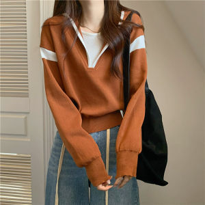 เสื้อนิตสําหรับผู้หญิงที่มีหมวก สไตล์เกาหลีทันสมัย ขนาดใหญ่ มาใหม่ในฤดูใบไม้ร่วง เสื้อผ้าสตรีทแวร์สองชิ้นปลอม