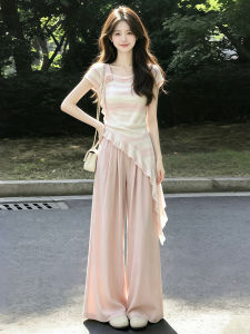SUSIEYUAN | Attractive Full Set Womens Summer Outfit 2026 New Pink Stripe Short Sleeve T-shirt and Pants