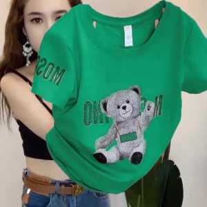 Pure Cotton round Neck Short Sleeve T-Shirt Womens Summer New Sweet Fashion Casual Top Glitter Print Commute Style Slim Fit