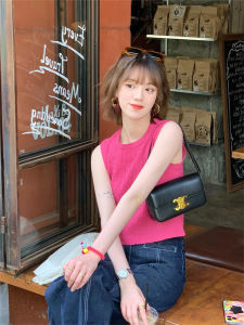 Raspberry Pink French พื้นผิว ไม่มีสาย เสื้อครอป ผู้หญิง ฤดูร้อน สั้น แขนกุด หลากหลาย ชุดทํางานประเภทท่อตรง