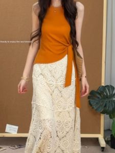 YUEZHONGWEI | Áo Thun Không Tay Ôm Body Cổ Dây Kéo Bất Đối Xứng Chất Lụa Mát Mẻ Màu Cam