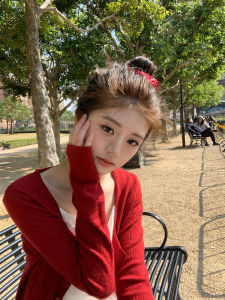 Red Hollow out Short Knitted Cardigan Womens Spring Slimming Top YOYOZIZHI Commute Style Regular Fit Long Sleeve round Neck