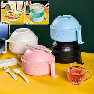 Microwave Ramen Bowl Cooker Set Wheat Straw Instant Noodles Bowl HandlesRamen Noodle Cooker with Spoon Chopsticks Fork Camping