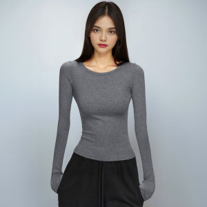 เสื้อยืดคอตั้งทรงสลิมฟิตแขนยาวผ้าลินินสำหรับผู้หญิง เสื้อชั้นในฤดูใบไม้ผลิสีขาว เสื้อยืดทรงสั้น แฟชั่นสตรี