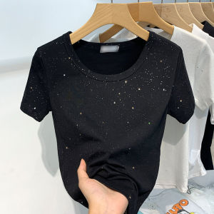 Guangzhou Thirteen Lines Best Selling ~ Sequin Rhinestone T-shirt Womens Chic Unique Western Style Beautiful Small Shirt Shiny Tops