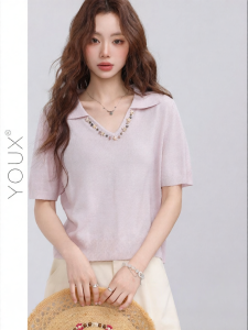 YOUXIANG | Áo Thun Đan V-neck Trang Trí Sao Biển Thiết Kế Thẩm Mỹ Giảm Cân