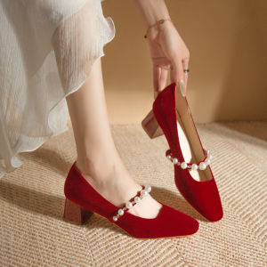 เรียบหรู Pearl Embellished ภาษาฝรั่งเศสคําส้นต่ํา Mary Jane รองเท้าผู้หญิงรองเท้าส้นสูงสีแดงรองเท้าแต่งงานเหมาะสําหรับ < Ne1> ชุด