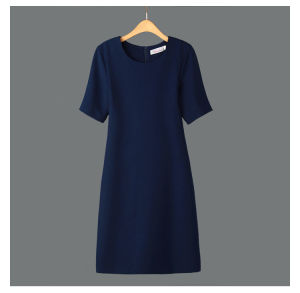 Summer New plus Size Slimming Cotton Linen Straight Midi Dress Short Sleeve Pure Color Womens Fashion Commute round Neck Dress