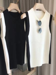 Ice Silk Knitted Vest Womens Sleeveless Top Color Block Black White Straight Cut Commute Style Fashionable Spring Autumn Wear
