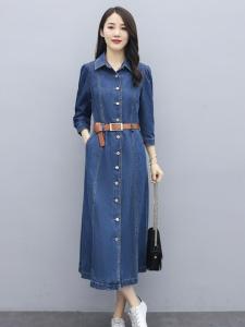 ชุดเดรสยาวแขนยาวทรงเข้ารูปสไตล์สาวๆ ฤดูใบไม้ผลิและฤดูใบไม้ร่วง ชุดเดรสยาวคลุมเข่าผ้าเดนิมทรงเข้ารูปสำหรับผู้หญิง