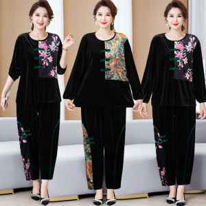 Mom Clothes Gold Velvet Buckle Suit Middle-Aged and Elderly plus Size Plus Size 100.00kg Loose Fashion Pullover Two-Piece Suit